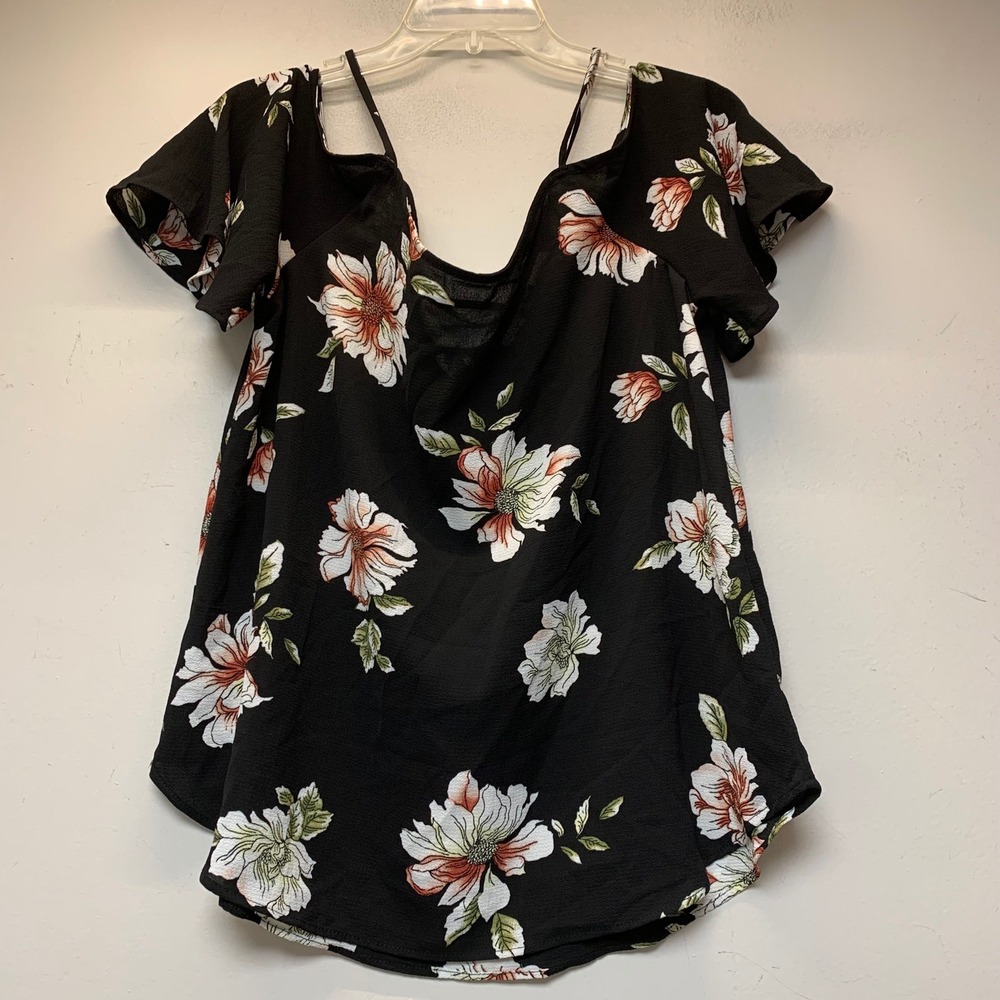 Kaileigh Cold Shoulder Top Womens Large Black Floral Flutter Sleeve Excellent